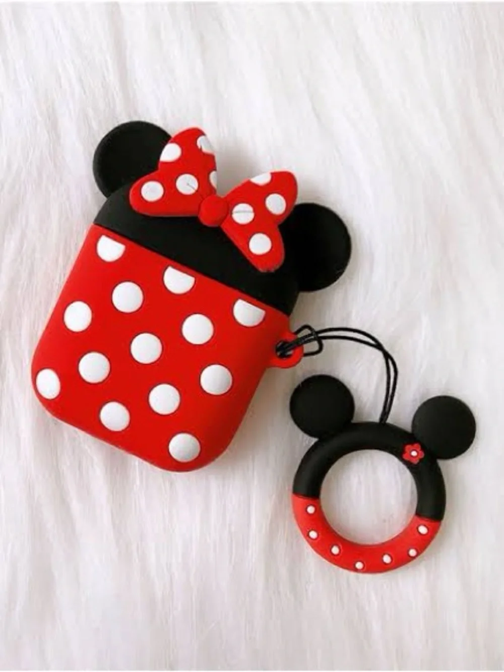 Red Polka Dot Silicone Earbud Case with Bow and Matching Ring